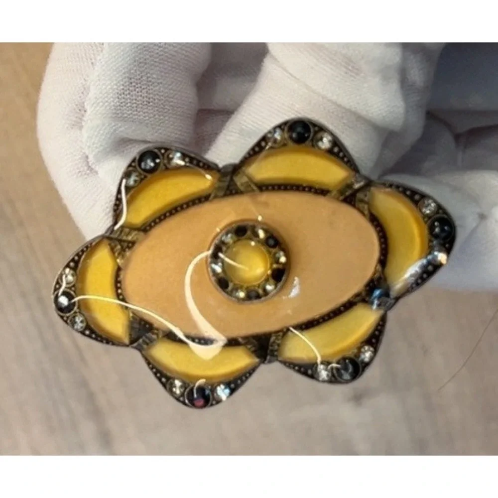 Vintage Unsigned Catherine Popesco Brooch Enamel‎ Rhinestones Yellow